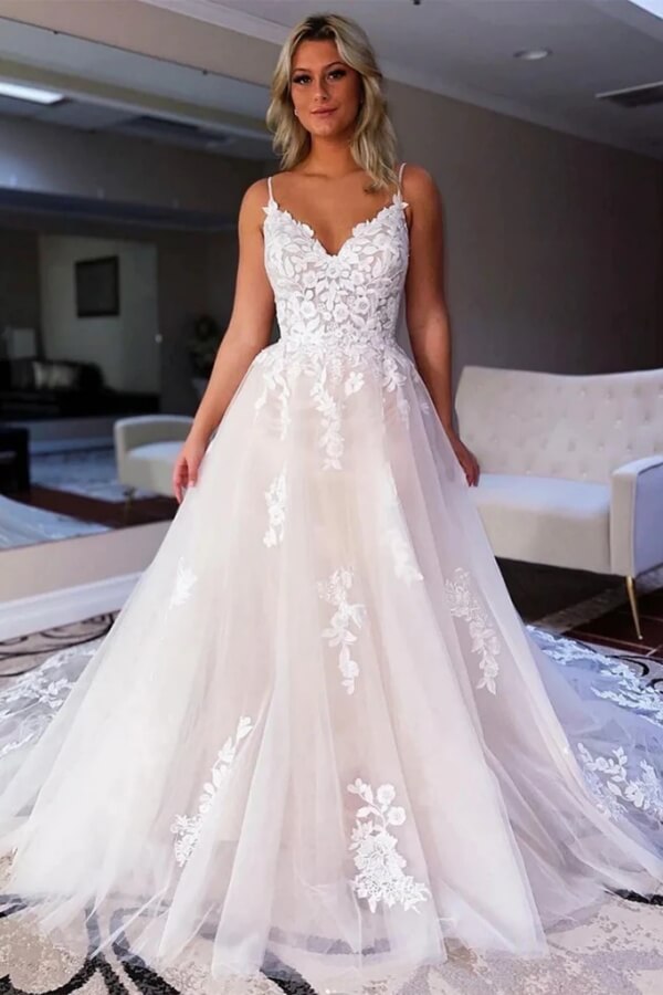 Tulle A Line V Neck Backless Wedding Dresses With Lace Appliques, SW710 | v neck wedding dress | tulle wedding dress | lace wedding dress | simidress.com