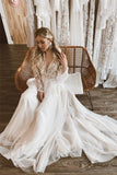 Tulle A Line V Neck Lace Top Flare Sleeves Wedding Dresses, Bridal Gown, SW744