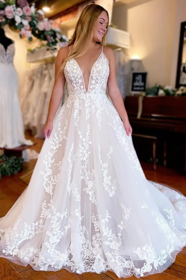 Tulle A Line V Neck Spaghetti Straps Wedding Dresses With Lace Appliques, SW719 | cheap lace wedding dress | vintage wedding dress | bohemian wedding dress | simidress.com
