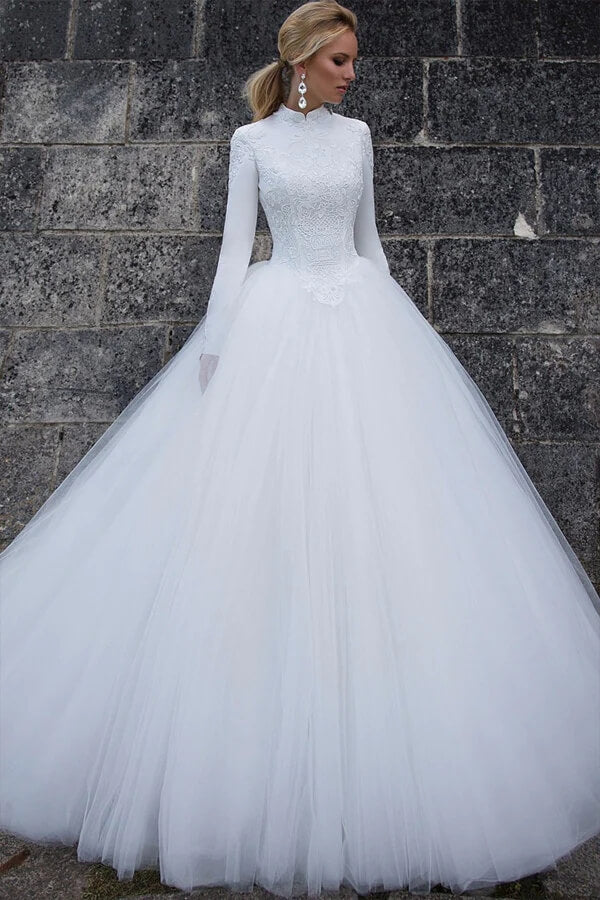 Tulle Ball Gown High Neck Long Sleeves Wedding Dresses, Bridal Gown, SW618 | tulle wedding dresses | long sleeves wedding dress | cheap lace wedding dress | simidress.com