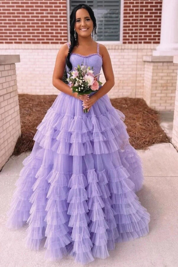 Tulle Ball Gown Spaghetti Straps Sweetheart Prom Dresses With Ruffles, SLP109 image 1