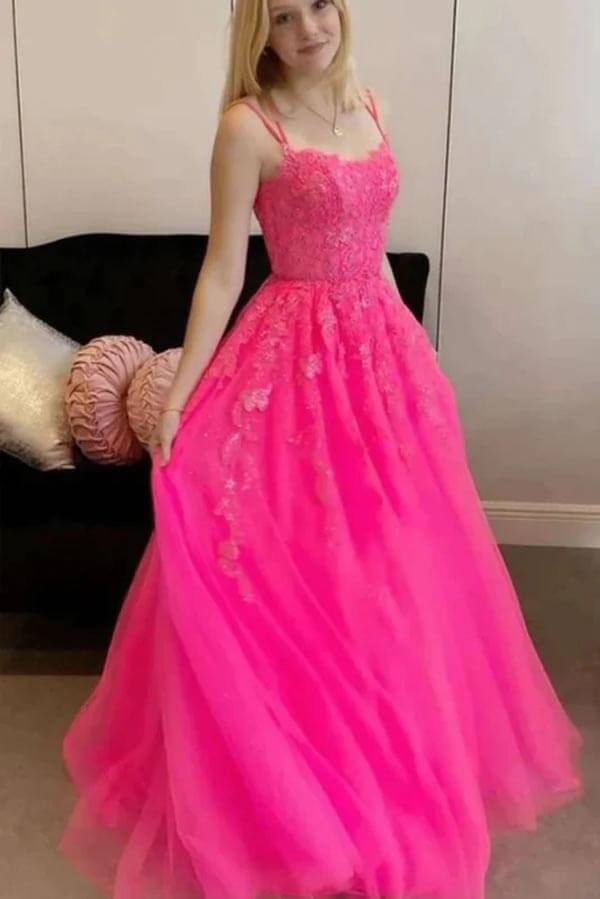 Tulle Hot Pink A-line Spaghetti Straps Prom Dresses With Lace Appliques, SP990 | cheap long prom dress | pink prom dress | lace prom dresses | simidress.com