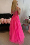 Tulle Hot Pink A-line Spaghetti Straps Prom Dresses With Lace Appliques, SP990 | long formal dresses | evening dresses | party dress | simidress.com