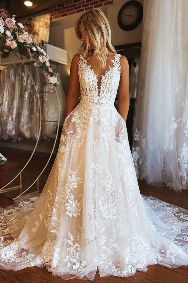 Tulle Illusion Sweetheart Neck A Line Wedding Dresses With Pockets, SW738 image 1