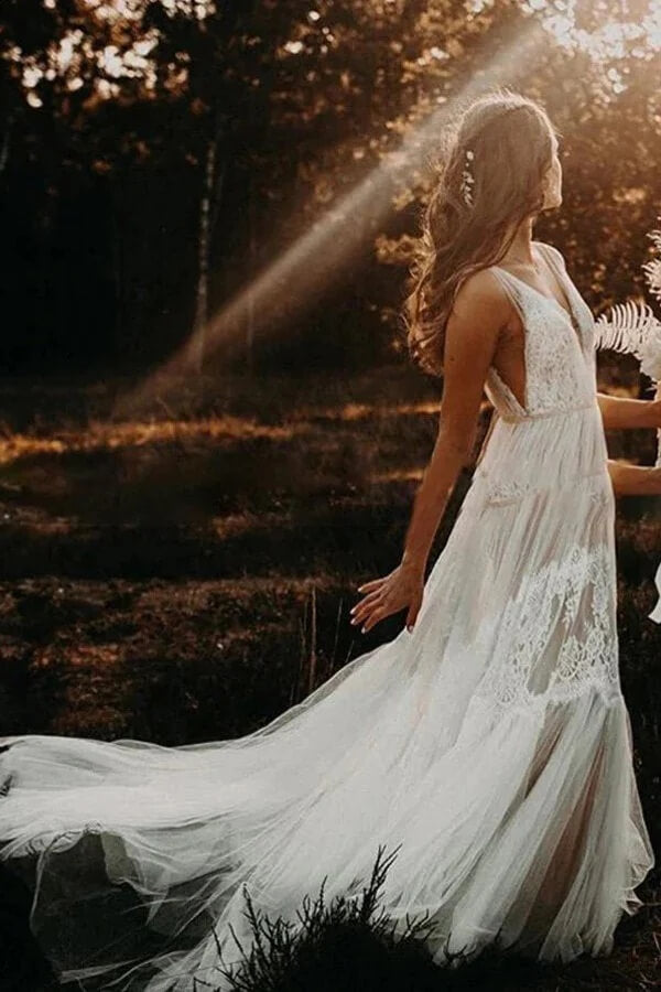 Tulle Lace A Line V Neck Bohemian Rustic Wedding Dresses, Bridal Gown, SW741 image 2