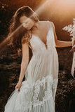 Tulle Lace A Line V Neck Bohemian Rustic Wedding Dresses, Bridal Gown, SW741 image 4
