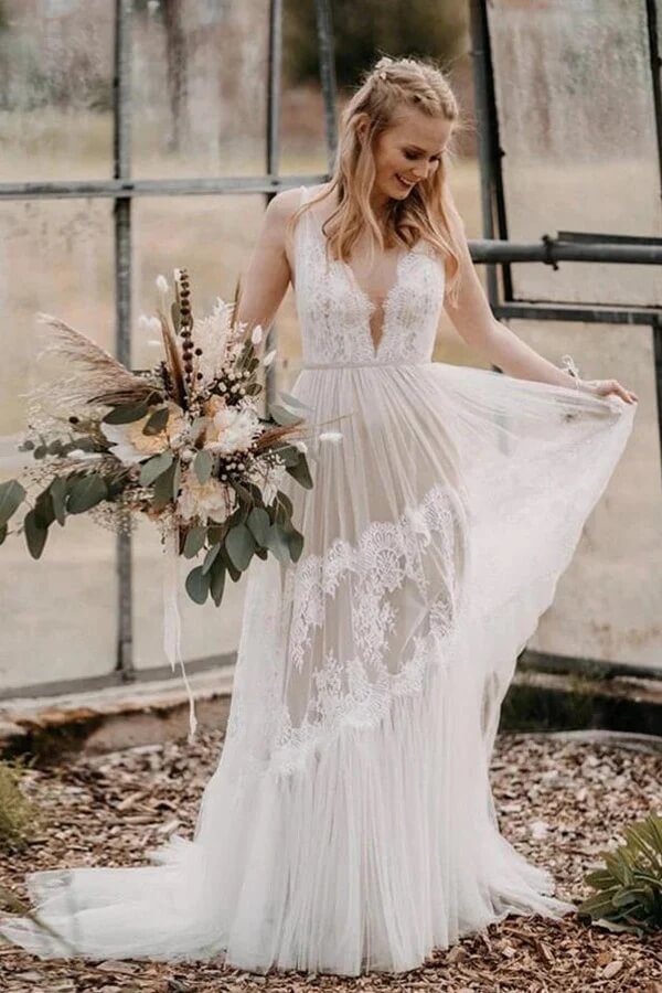 Tulle Lace A Line V Neck Bohemian Rustic Wedding Dresses, Bridal Gown, SW741 image 1