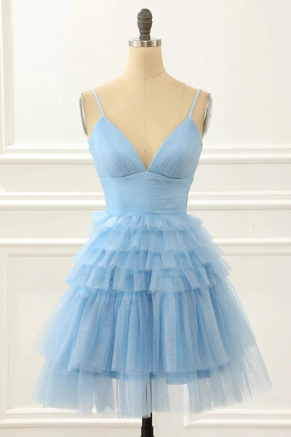 Tulle Light Blue A-line V-neck Homecoming Dresses SH628 | Simidress Tulle Light Blue A-line V-neck Homecoming Dresses SH628 | Simidress