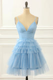 Tulle Light Blue A-line V-neck Short Homecoming Dresses With Ruffles, SH628