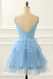 Tulle Light Blue A-line V-neck Short Homecoming Dresses With Ruffles, SH628 | cheap homecoming dress | graduation dress | short prom dresses | simidress.com