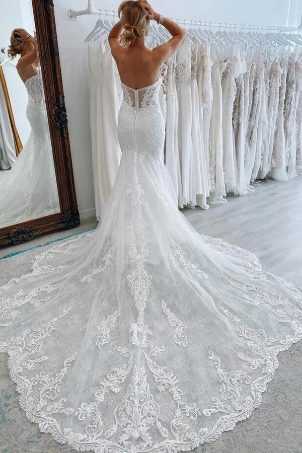 Tulle Mermaid Off-the-Shoulder Wedding Dresses With Lace Appliques, SW721 | vintage wedding dress | bohemian wedding dress | wedding dress stores | simidress.com