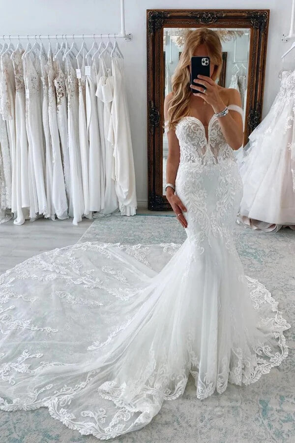 Tulle Mermaid Off-the-Shoulder Wedding Dresses With Lace Appliques, SW721 | lace wedding gown | cheap wedding dress | vintage wedding dress | simidress.com