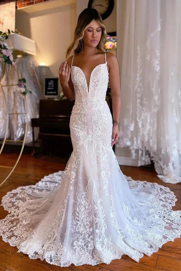Tulle Mermaid Spaghetti Straps Chapel Train Lace Wedding Dresses, SW703 | mermaid lace wedding dress | cheap lace wedding dress | bohemian wedding dress | simidress.com