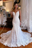 Tulle Mermaid Spaghetti Straps Chapel Train Lace Wedding Dresses, SW703