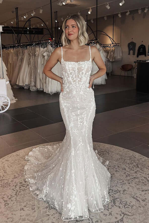 Tulle Mermaid Square Neck Lace Appliques Wedding Dresses With Train, SW733 image 1