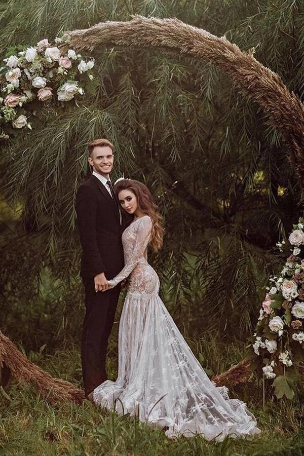 Tulle Mermaid V-neck Backless Long sleeves Lace Wedding Dresses, SW700 | cheap lace wedding dress | bohemian wedding dress | beach wedding dress | simidress.com