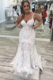 Tulle Mermaid V-neck Spaghetti Straps Backless Lace Wedding Dresses, SW651