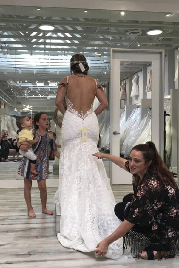Tulle Mermaid V-neck Spaghetti Straps Backless Lace Wedding Dresses, SW651 image 3