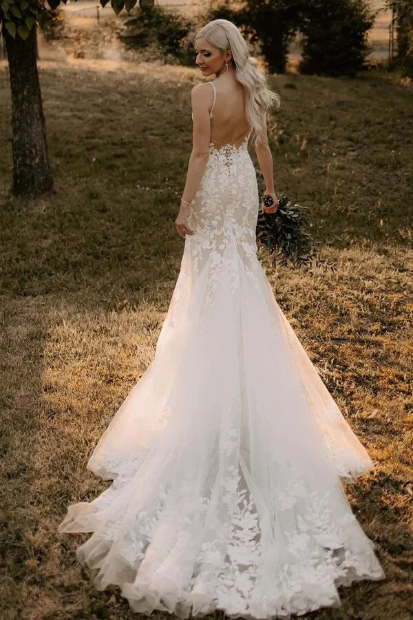 Tulle Mermaid V-neck Wedding Dresses With Lace Appliques, Bridal Dress, SW657 image 3