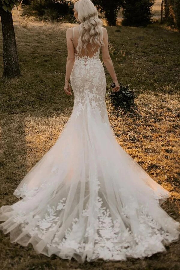 Tulle Mermaid V-neck Wedding Dresses With Lace Appliques, Bridal Dress, SW657 image 4