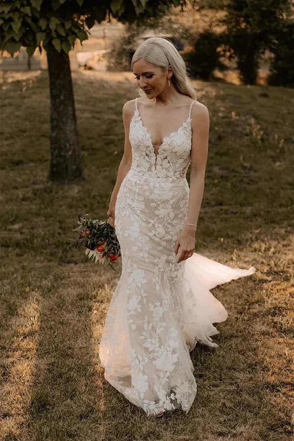 Tulle Mermaid V-neck Wedding Dresses With Lace Appliques, Bridal Dress, SW657 image 1
