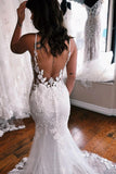 Tulle Mermaid V Neck Lace Appliques Court Train Wedding Dresses, SW742 | backless wedding dress | affordable wedding dresses online | cheap lace wedding dresses near me | simidress.com
