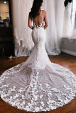 Tulle Mermaid V Neck Lace Appliques Court Train Wedding Dresses, SW742 | beach wedding dress | vintage wedding dress | boho wedding dress | simidress.com