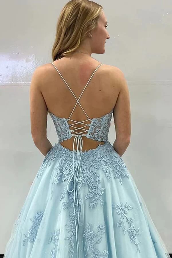 Tulle Spaghetti Straps Corset Back Prom Dresses With Lace Appliques, SP972 | lace prom dresses | party dresses | long formal dresses | simidress.com