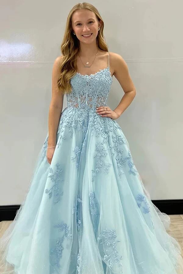 Tulle Spaghetti Straps Corset Back Prom Dresses With Lace Appliques, SP972 | blue prom dresses | a line prom dresses | evening gown | simidress.com