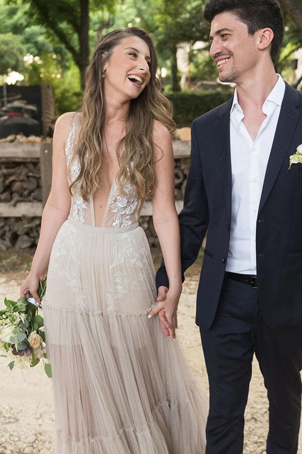 Tulle A Line Deep V-neck Lace Appliques Bohemain Wedding Dresses, SW731 image 1