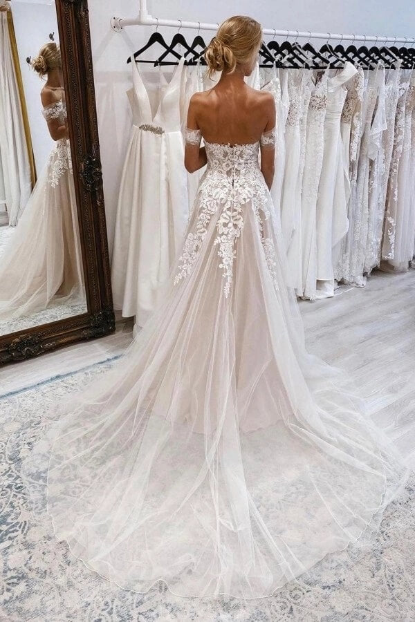 Tulle A Line Off Shoulder Wedding Dresses With Lace Appliques, Bridal Gowns, SW762 | cheap lace wedding dress online | lace wedding gown | new arrival wedding dress | simidress.com