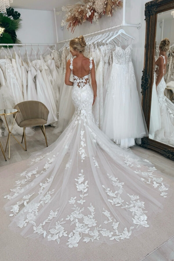 Tulle Mermaid Scoop Neck Lace Appliques Wedding Dress With Chapel Train, SW759 | lace boho wedding dress | affordable lace wedding dress | wedding dress stores near me | simidress.com
