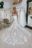 Tulle Mermaid Scoop Neck Lace Appliques Wedding Dress With Chapel Train, SW759 | lace boho wedding dress | affordable lace wedding dress | wedding dress stores near me | simidress.com
