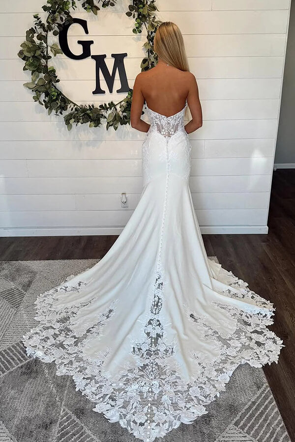 White Satin Mermaid Sweetheart Strapless Wedding Dresses With Lace, SW715 | bohemian wedding dress | backless wedding dress | vintage wedding dress | simidress.com
