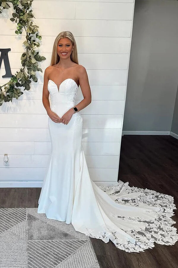 White Satin Mermaid Sweetheart Strapless Wedding Dresses With Lace, SW715 | satin wedding dress | sexy wedding dress | lace wedding gown | simidress.com