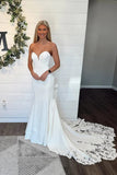 White Satin Mermaid Sweetheart Strapless Wedding Dresses With Lace, SW715