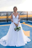 White Tulle A-line Sheer Sleeves Wedding Dresses With Lace Appliques, SW646
