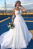 White Tulle A-line Sheer Sleeves Wedding Dresses With Lace Appliques, SW646 image 3 | simidress