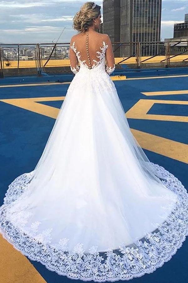 White Tulle A-line Sheer Sleeves Wedding Dresses With Lace Appliques, SW646 image 2 | simidress