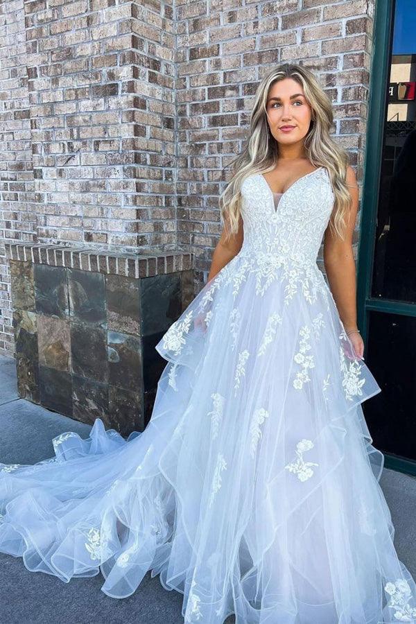White Tulle A-line Spaghetti Straps Prom Dresses With Lace Appliques, SP973 | white prom dress | lace prom dress | long prom dresses online | simidress.com