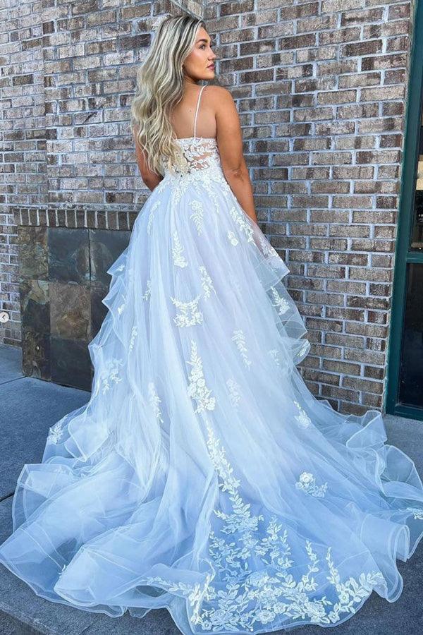 White Tulle A-line Spaghetti Straps Prom Dresses With Lace Appliques, SP973 | evening dresses | party dresses | cheap prom dresses | simidress.com