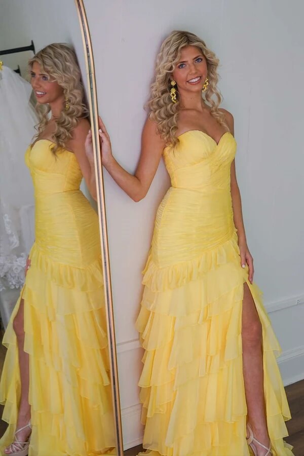 Yellow Chiffon A-line Strapless Ruffled Long Prom Dresses With Slit, SLP021 | long formal dress | prom dresses online | chiffon prom dresses | simidress.com