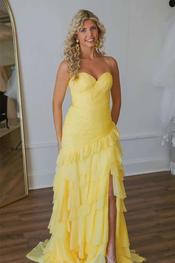 Yellow Chiffon A-line Strapless Ruffled Long Prom Dresses With Slit, SLP021 | new arrival prom dresses | cheap prom dresses | party dress | simidress.com