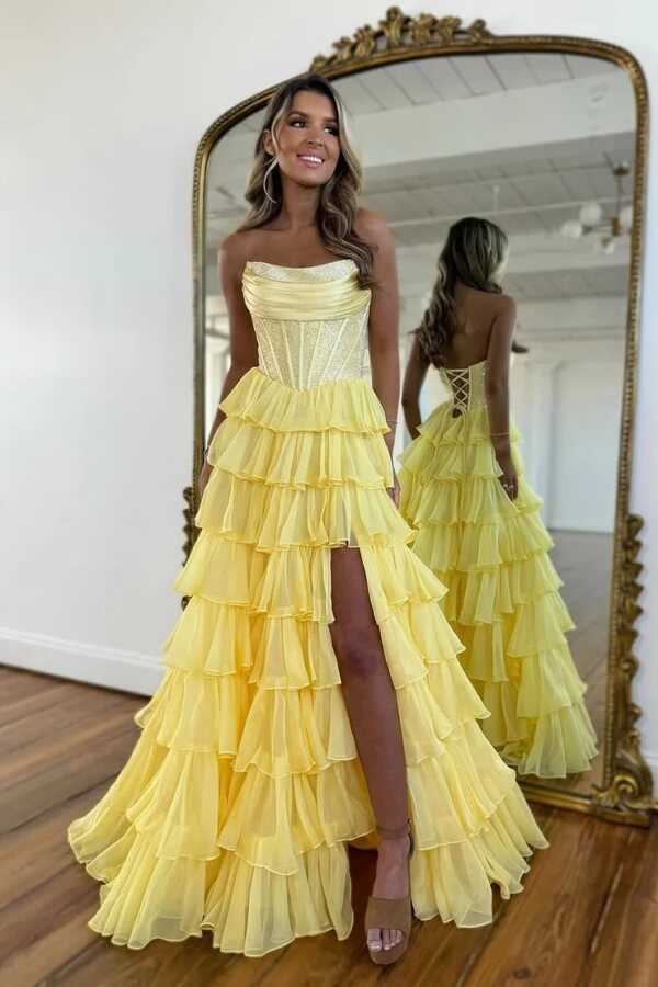 Yellow Chiffon Tiered A Line Scoop Neck Long Prom Dresses With Beadings, SLP105 image 1