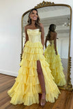 Yellow Chiffon Tiered A Line Scoop Neck Long Prom Dresses With Beadings, SLP105