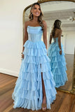 Yellow Chiffon Tiered A Line Scoop Neck Long Prom Dresses With Beadings, SLP105 image 5