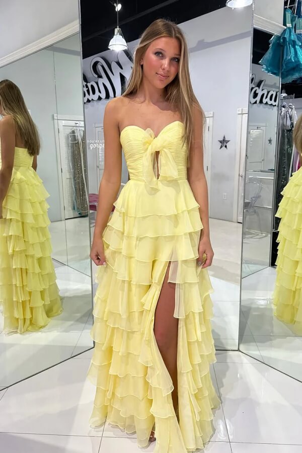Yellow Chiffon Tiered A Line Sweetheart Long Prom Dresses With Slit, SLP075 | long formal dresses | a line prom dress | party dress | simidress.com