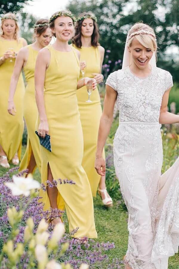 Yellow Satin Sheath Scoop Floor-Length Bridesmaid Dresses With Slit, BD144 | mermaid bridesmaid dress | budget bridesmaid dress | wedding party dress | simidress.com