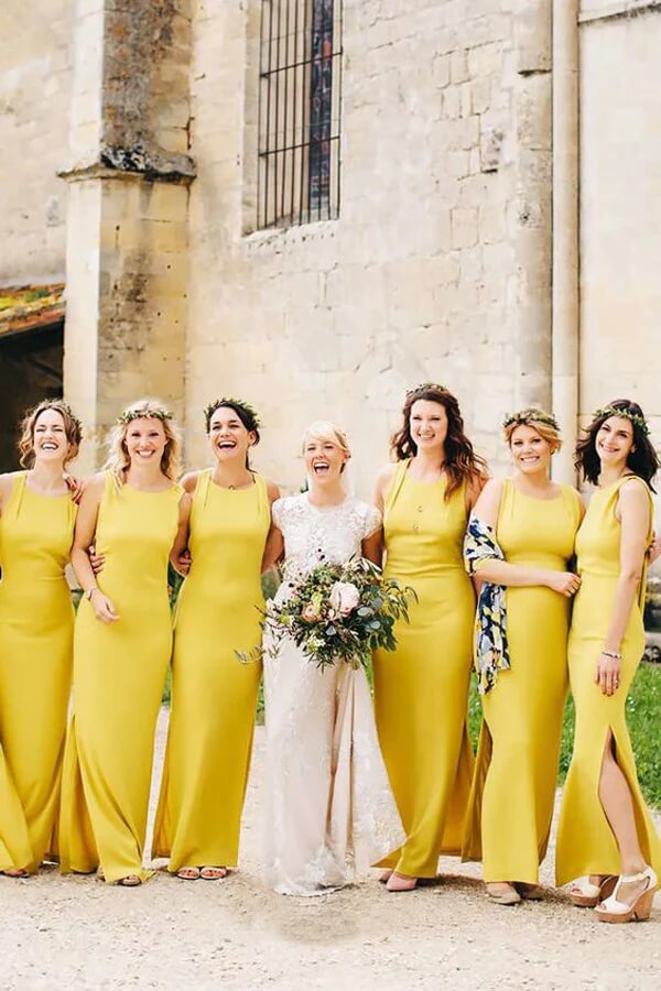 Yellow Satin Sheath Scoop Floor-Length Bridesmaid Dresses With Slit, BD144 | boho bridesmaid dress | simple bridesmaid dress | bridesmaid dress online | simidress.com