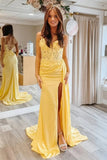Yellow Sheath V Neck Lace Appliques Long Prom Dresses With Slit, SLP087 image 1